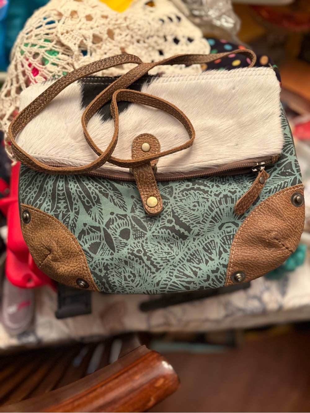 Mayr Bag Green Patterned Crossbody Bag with Brown Trim and White Fur Flap